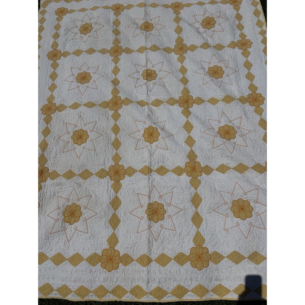 Vintage Hand Stitched Quilt Flower Star Design 68" X 86" Yellow White Farmhouse